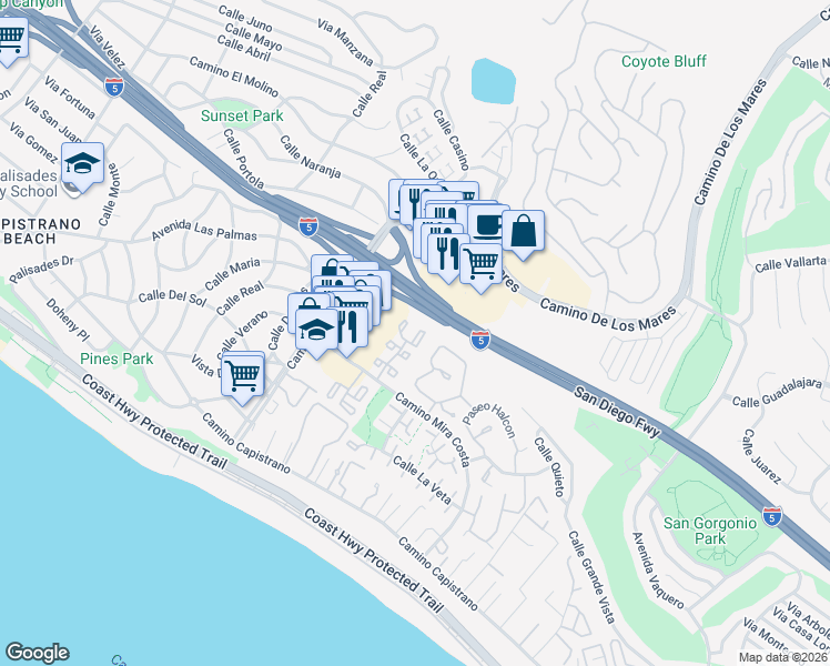 map of restaurants, bars, coffee shops, grocery stores, and more near 460 Plaza Estival in San Clemente