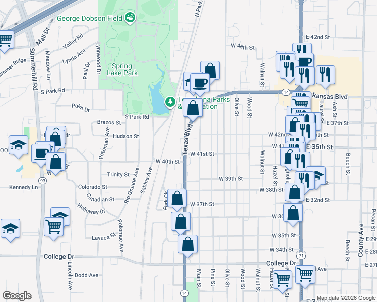 map of restaurants, bars, coffee shops, grocery stores, and more near 4100 Texas Boulevard in Texarkana