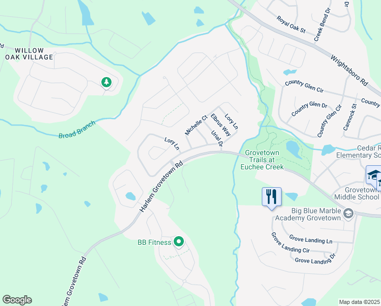 map of restaurants, bars, coffee shops, grocery stores, and more near 566 Lory Lane in Grovetown