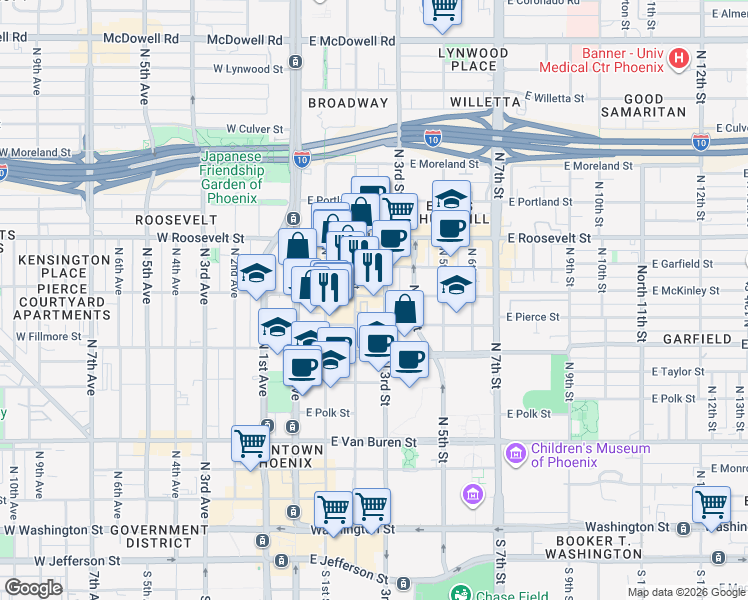 map of restaurants, bars, coffee shops, grocery stores, and more near 215 East McKinley Street in Phoenix