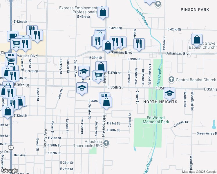 map of restaurants, bars, coffee shops, grocery stores, and more near 1400 East 35th Street in Texarkana