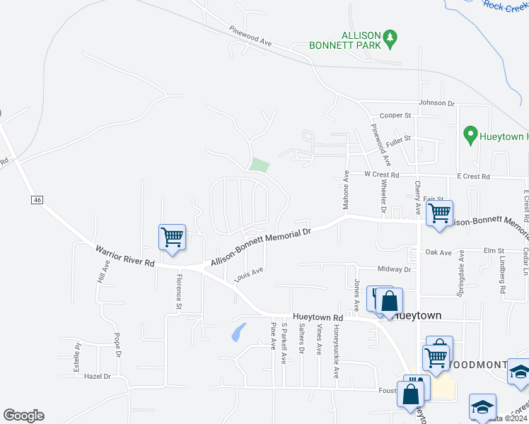 map of restaurants, bars, coffee shops, grocery stores, and more near 104 Saddle Ridge Estates in Hueytown