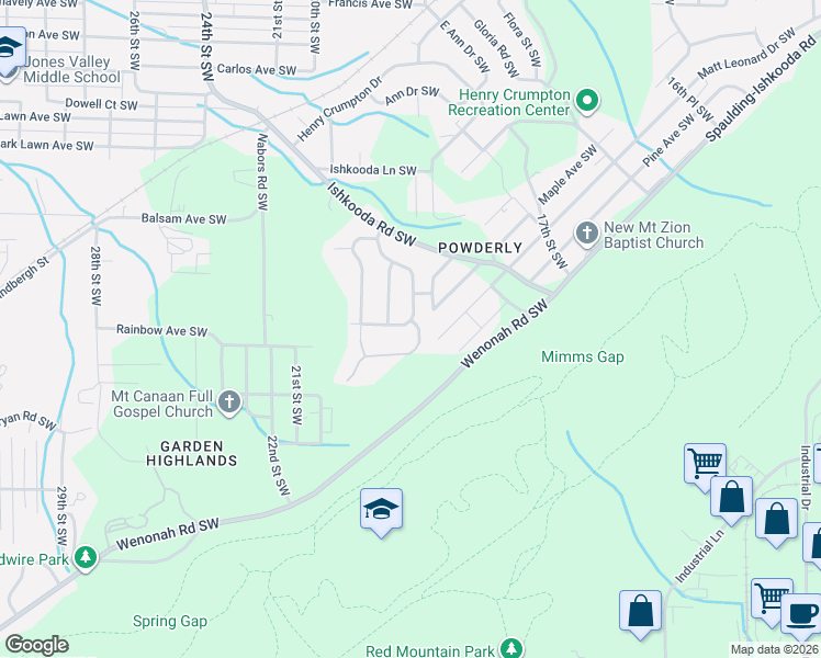 map of restaurants, bars, coffee shops, grocery stores, and more near 2600 Tempest Drive Southwest in Birmingham