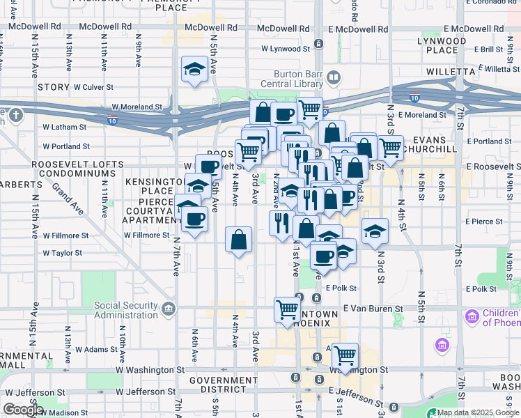map of restaurants, bars, coffee shops, grocery stores, and more near 649 North 3rd Avenue in Phoenix