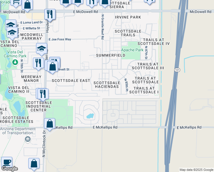 map of restaurants, bars, coffee shops, grocery stores, and more near 885 North Granite Reef Road in Scottsdale