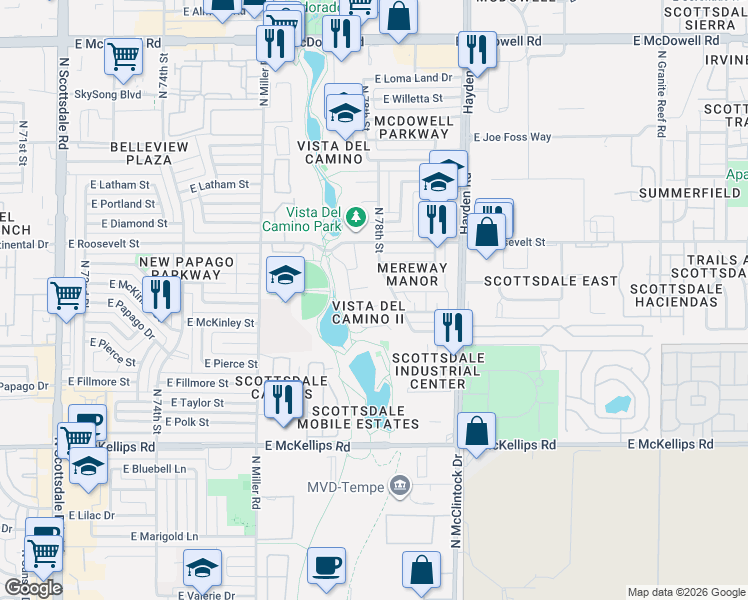 map of restaurants, bars, coffee shops, grocery stores, and more near 7714 East Kimsey Lane in Scottsdale