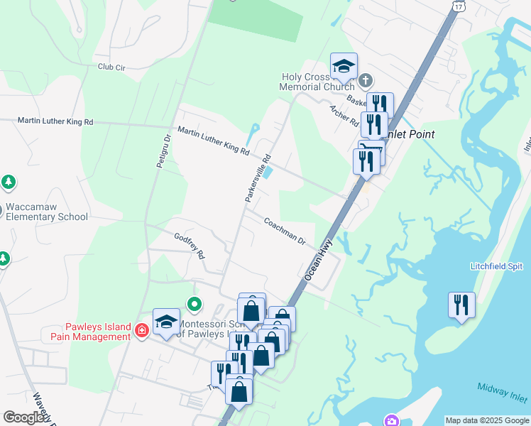 map of restaurants, bars, coffee shops, grocery stores, and more near 184 Parkersville Road in Pawleys Island