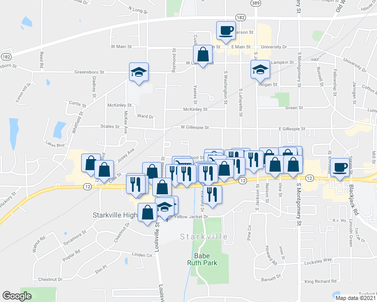 map of restaurants, bars, coffee shops, grocery stores, and more near McDowell Street in Starkville