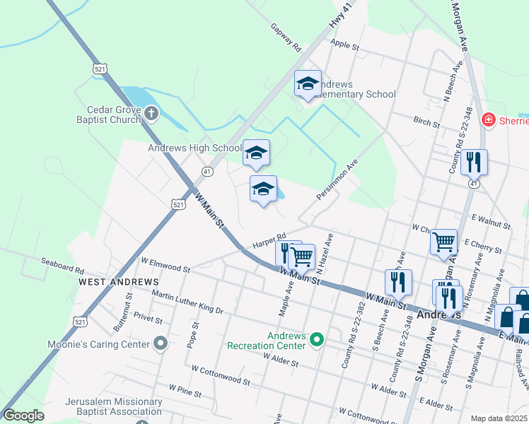 map of restaurants, bars, coffee shops, grocery stores, and more near 12804 County Line Road in Andrews