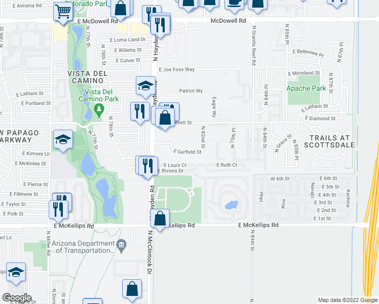 map of restaurants, bars, coffee shops, grocery stores, and more near 8151 East Garfield Street in Scottsdale