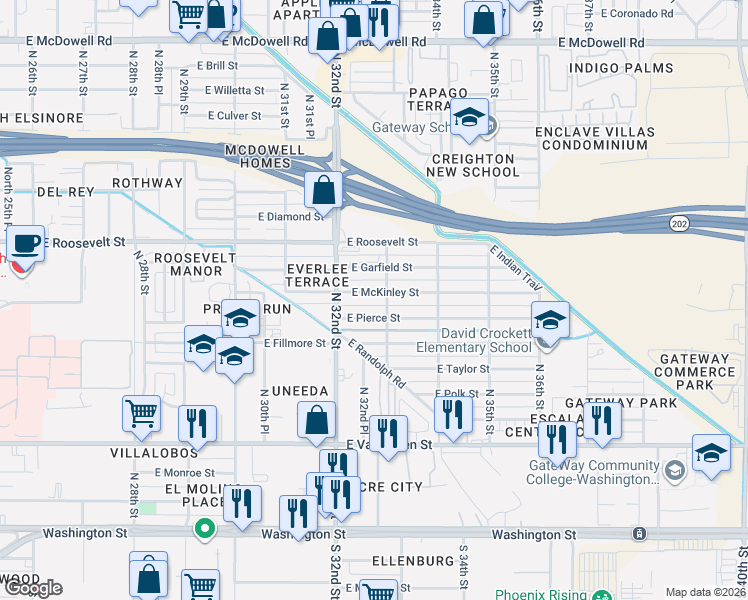 map of restaurants, bars, coffee shops, grocery stores, and more near 3244 East Pierce Street in Phoenix