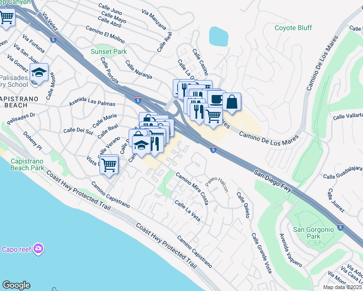 map of restaurants, bars, coffee shops, grocery stores, and more near 479 Plaza Estival in San Clemente