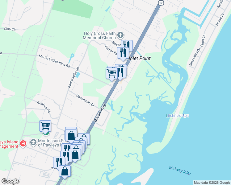 map of restaurants, bars, coffee shops, grocery stores, and more near 73 Enclave Place in Pawleys Island