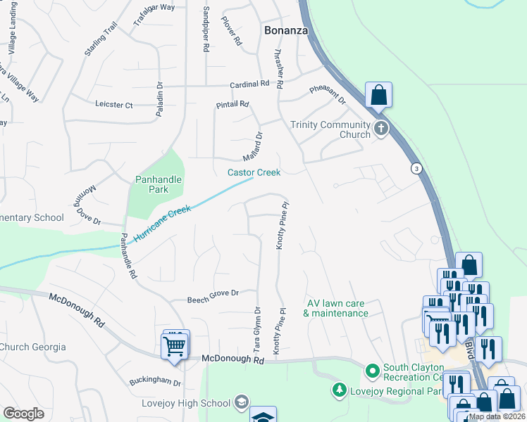 map of restaurants, bars, coffee shops, grocery stores, and more near 1665 Thorn Ridge Trail in Hampton