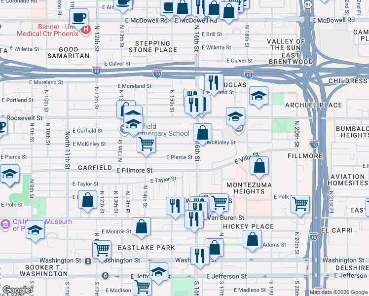 map of restaurants, bars, coffee shops, grocery stores, and more near 1534 East Pierce Street in Phoenix