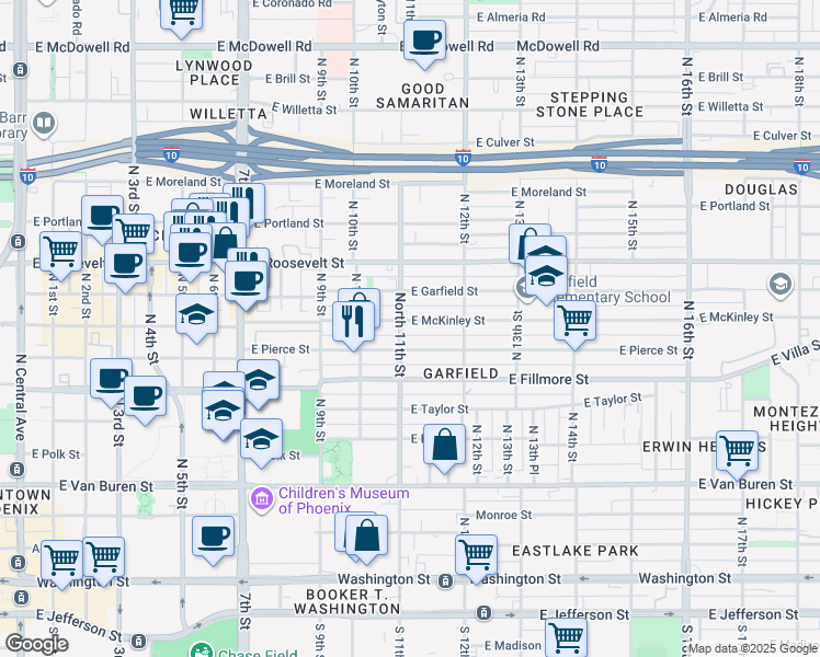 map of restaurants, bars, coffee shops, grocery stores, and more near 702 North 11th Street in Phoenix