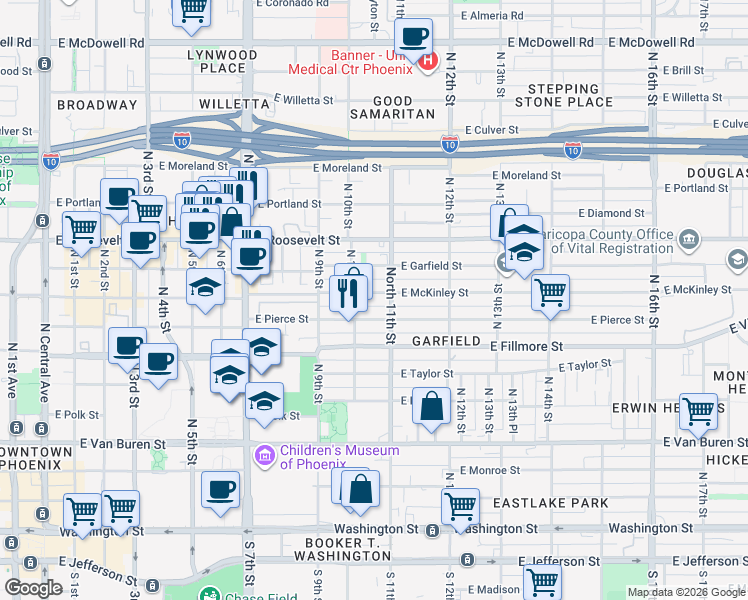 map of restaurants, bars, coffee shops, grocery stores, and more near 702 North 11th Street in Phoenix