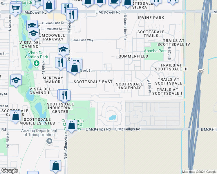 map of restaurants, bars, coffee shops, grocery stores, and more near 8221 East Garfield Street in Scottsdale