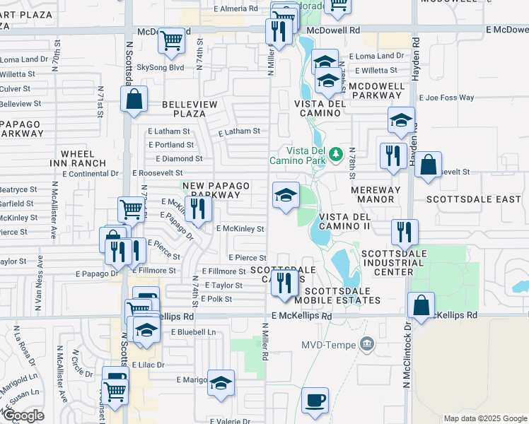 map of restaurants, bars, coffee shops, grocery stores, and more near 7544 East McKinley Street in Scottsdale
