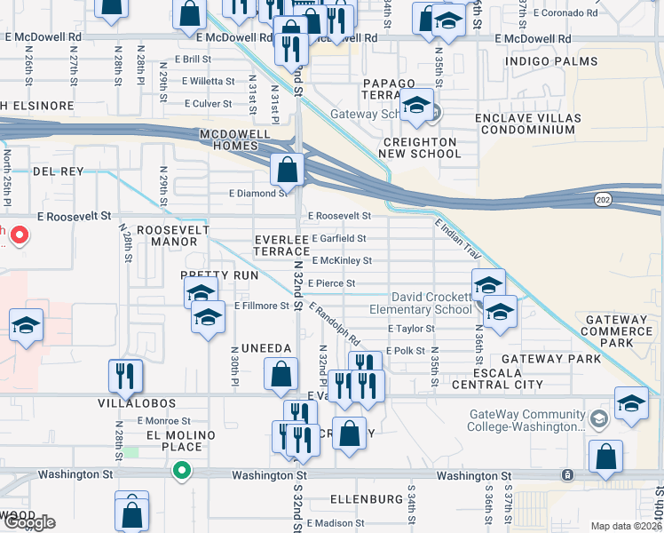 map of restaurants, bars, coffee shops, grocery stores, and more near 3244 East Pierce Street in Phoenix