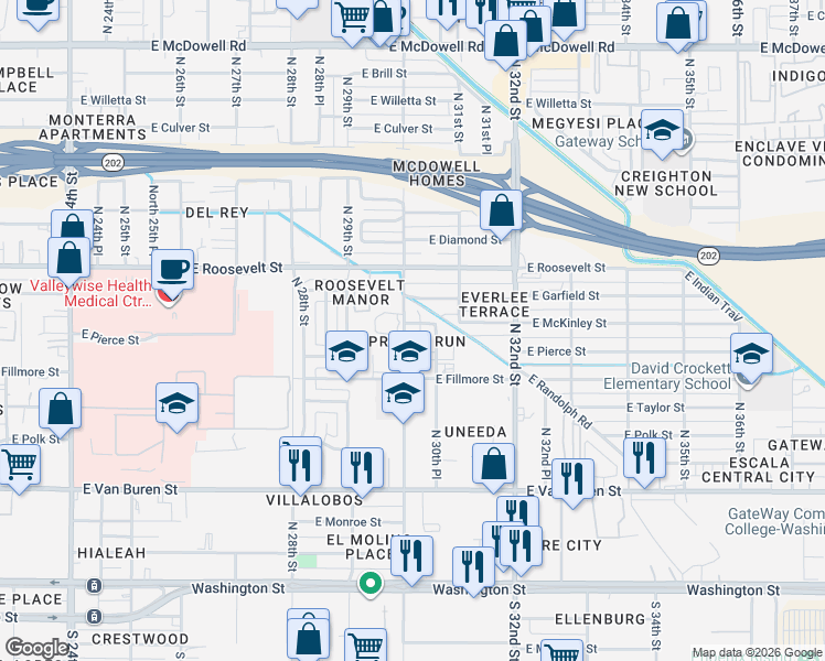 map of restaurants, bars, coffee shops, grocery stores, and more near 625 North 30th Street in Phoenix