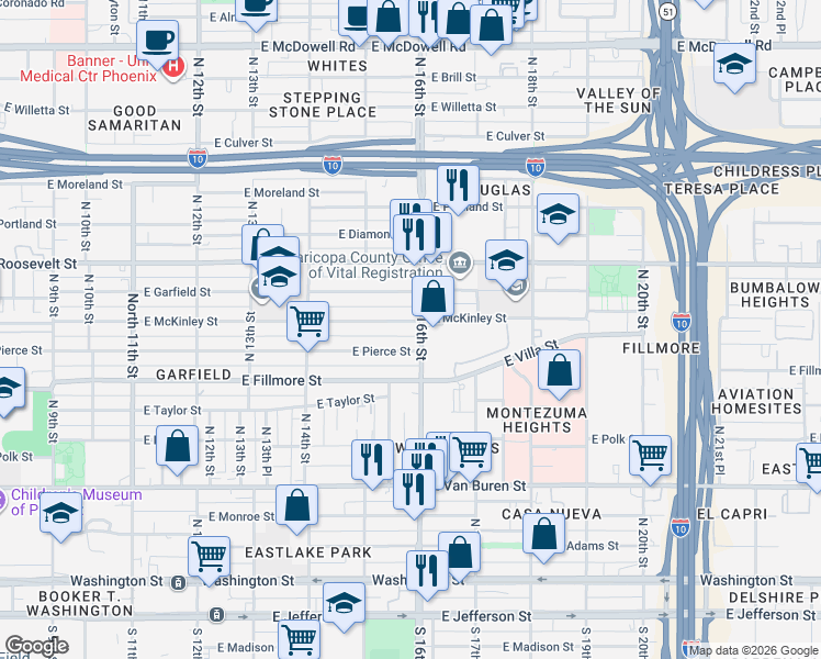 map of restaurants, bars, coffee shops, grocery stores, and more near 1534 East Pierce Street in Phoenix
