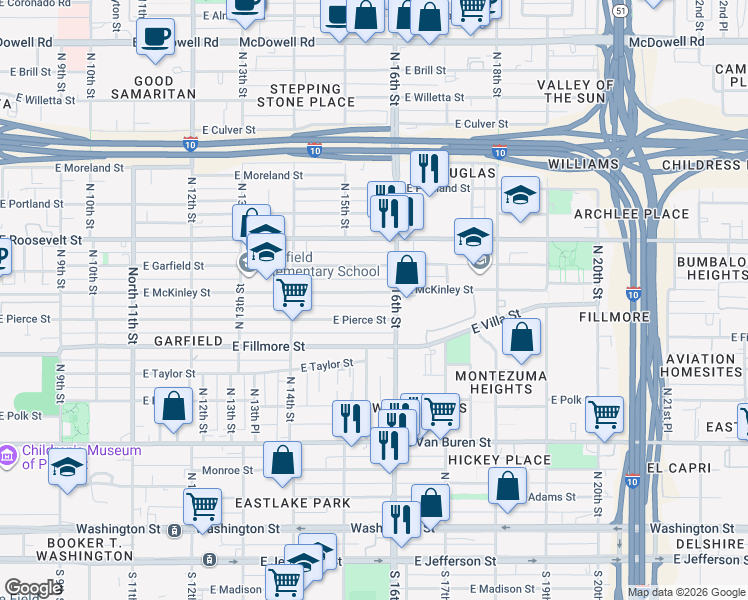 map of restaurants, bars, coffee shops, grocery stores, and more near 1534 East Pierce Street in Phoenix