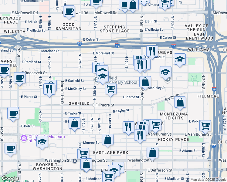 map of restaurants, bars, coffee shops, grocery stores, and more near 1412 East Pierce Street in Phoenix