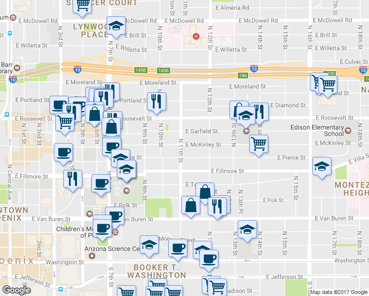 map of restaurants, bars, coffee shops, grocery stores, and more near 702 North 11th Street in Phoenix