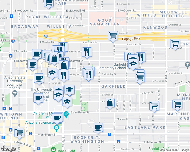 map of restaurants, bars, coffee shops, grocery stores, and more near 702 North 11th Street in Phoenix