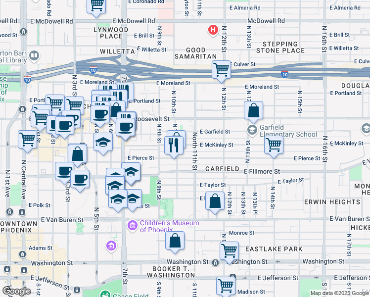 map of restaurants, bars, coffee shops, grocery stores, and more near 1004 North 10th Street in Phoenix