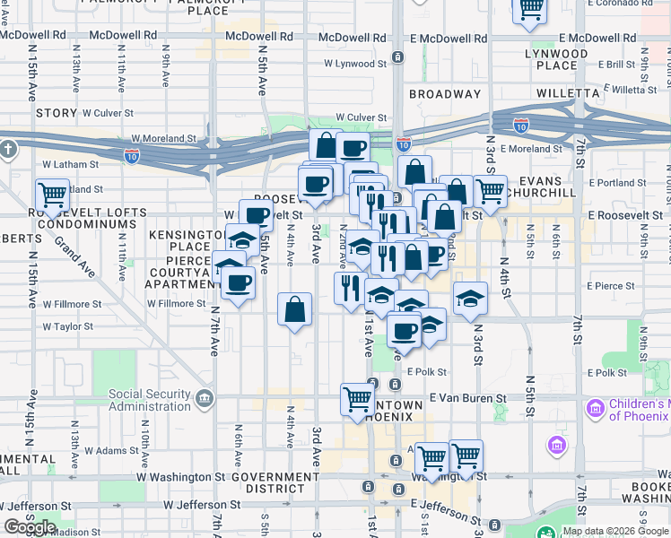 map of restaurants, bars, coffee shops, grocery stores, and more near 618 North 2nd Avenue in Phoenix