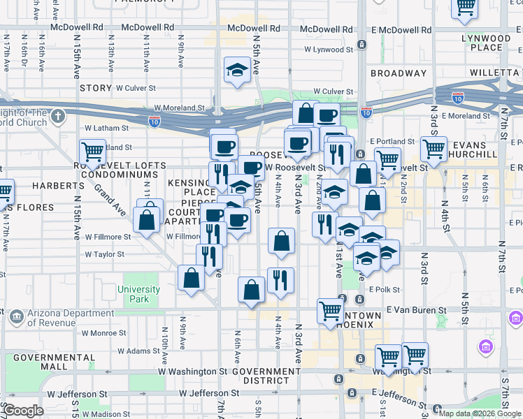 map of restaurants, bars, coffee shops, grocery stores, and more near 631 North 5th Avenue in Phoenix