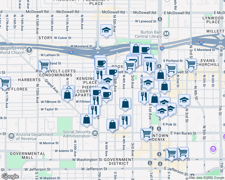 map of restaurants, bars, coffee shops, grocery stores, and more near 631 North 5th Avenue in Phoenix
