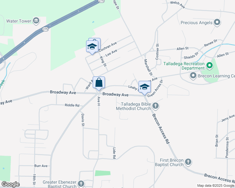 map of restaurants, bars, coffee shops, grocery stores, and more near 36 Broadleaf Drive in Talladega