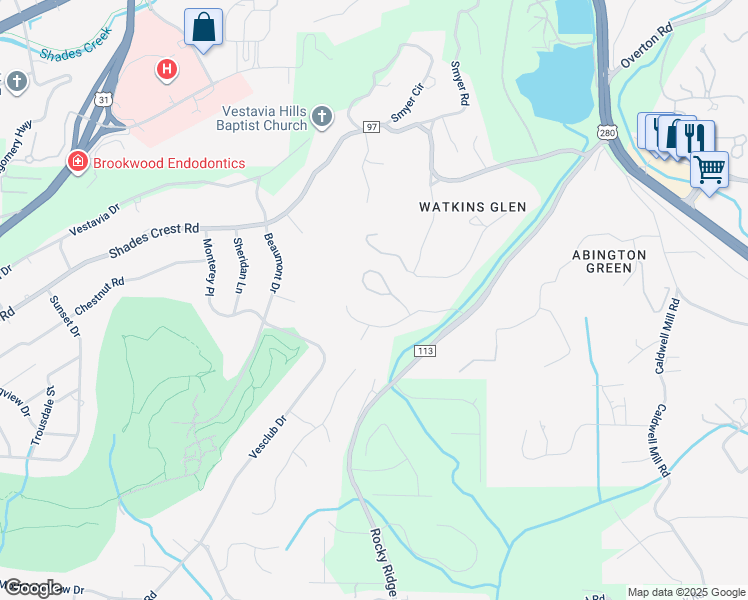 map of restaurants, bars, coffee shops, grocery stores, and more near 1964 Rocky Brook Drive in Vestavia Hills
