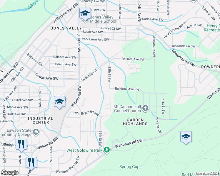 map of restaurants, bars, coffee shops, grocery stores, and more near 2600 28th Street Southwest in Birmingham