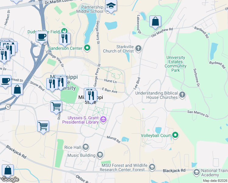 map of restaurants, bars, coffee shops, grocery stores, and more near in Starkville