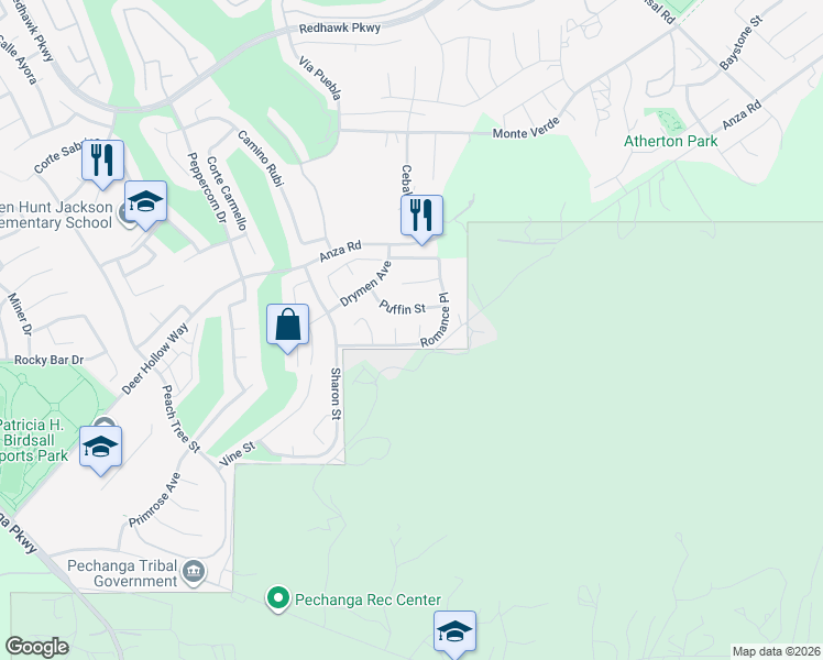 map of restaurants, bars, coffee shops, grocery stores, and more near 46215 Linda Court in Temecula