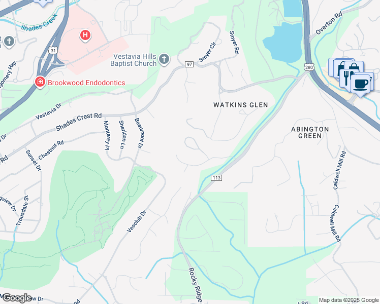 map of restaurants, bars, coffee shops, grocery stores, and more near 1964 Rocky Brook Drive in Vestavia Hills