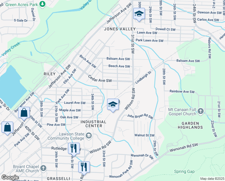 map of restaurants, bars, coffee shops, grocery stores, and more near 2816 32nd Place Southwest in Birmingham
