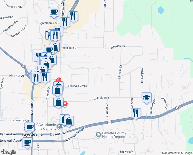 map of restaurants, bars, coffee shops, grocery stores, and more near 105 Pine Street in Fayetteville