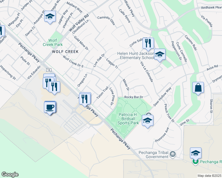 map of restaurants, bars, coffee shops, grocery stores, and more near 46259 Lone Pine Drive in Temecula