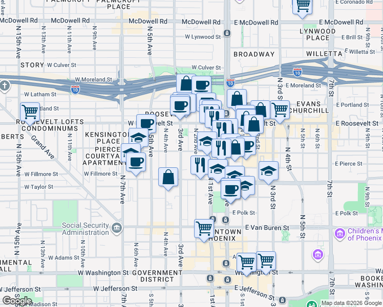 map of restaurants, bars, coffee shops, grocery stores, and more near 650 North 2nd Avenue in Phoenix