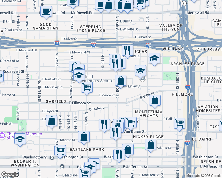 map of restaurants, bars, coffee shops, grocery stores, and more near 1529 East McKinley Street in Phoenix