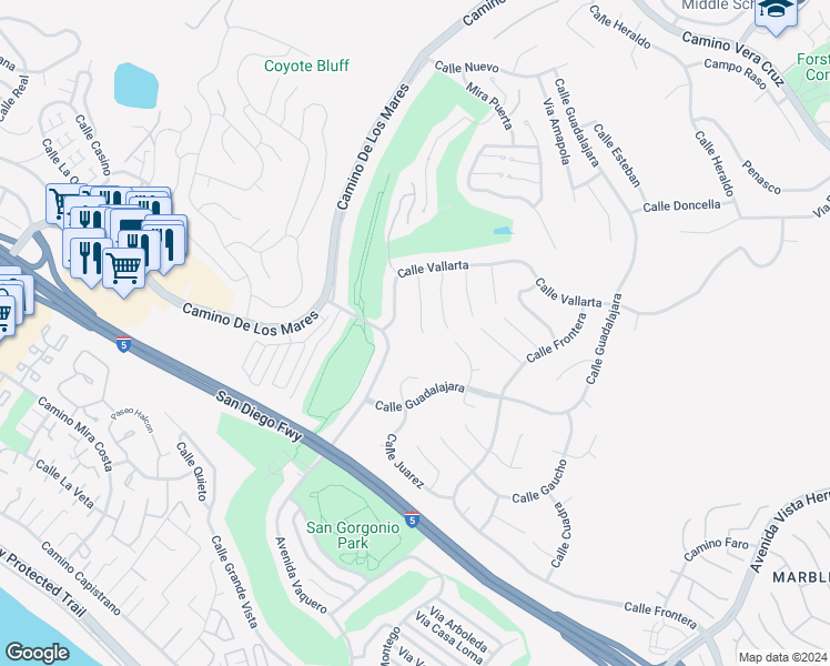 map of restaurants, bars, coffee shops, grocery stores, and more near 705 Calle Amable in San Clemente