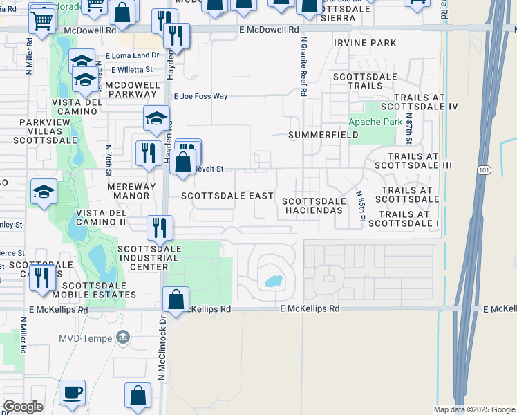 map of restaurants, bars, coffee shops, grocery stores, and more near 8221 East Garfield Street in Scottsdale