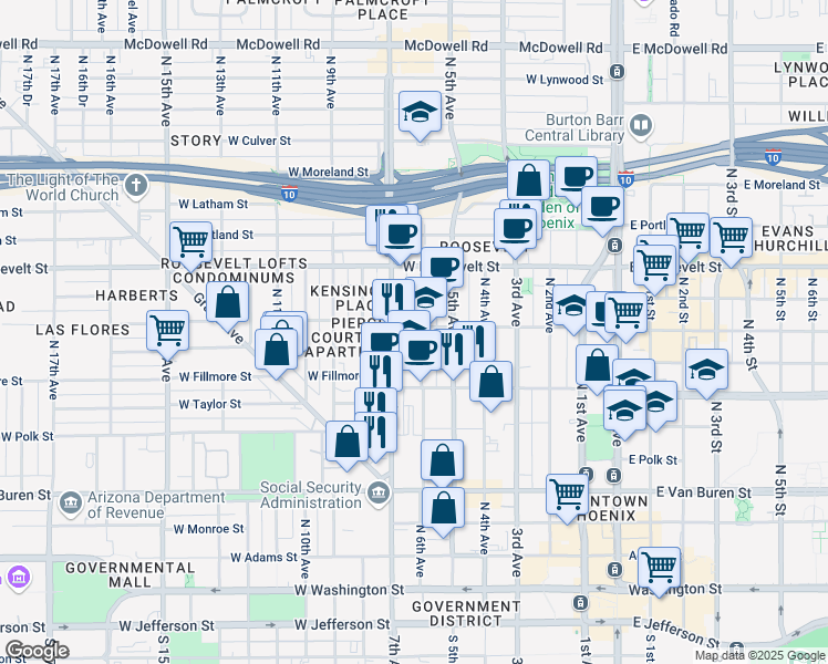 map of restaurants, bars, coffee shops, grocery stores, and more near 634 North 6th Avenue in Phoenix