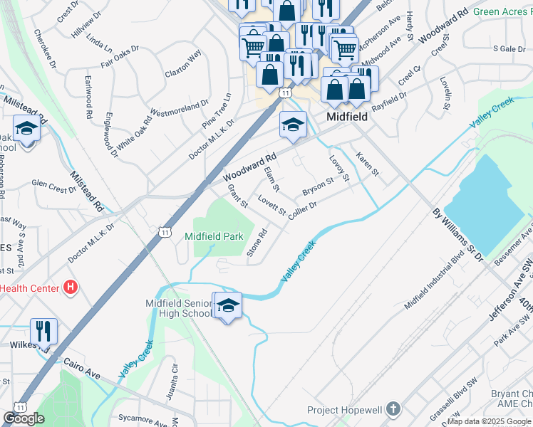 map of restaurants, bars, coffee shops, grocery stores, and more near 521 Grant Street in Birmingham