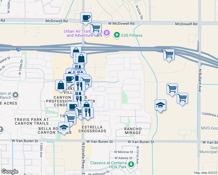 map of restaurants, bars, coffee shops, grocery stores, and more near 15316 West Garfield Street in Goodyear